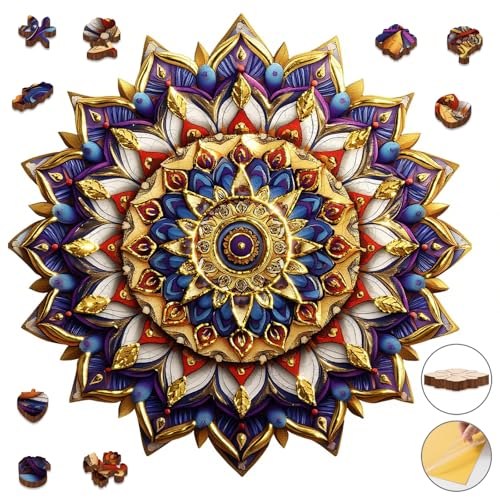 Delobil Puzzles for Adults 500 Pieces, 5MM Thick Mandala Flower Wooden Puzzles, Geometric Art Gold Round Jigsaw Puzzles for Adults and Kids, Family Game Gift Puzzle, 16.9 x 16.8 Inches - color: Gold Mandala, size: 500Pcs