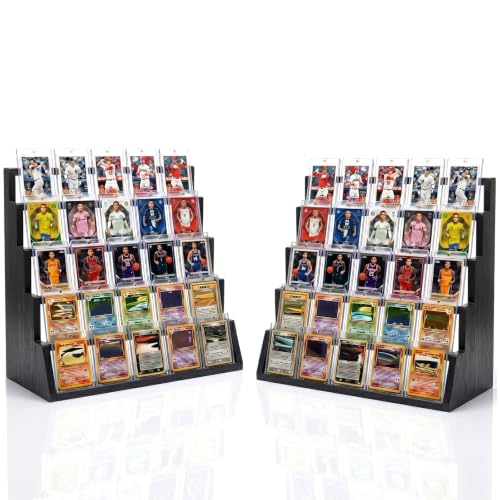 2 Pack 5 Tier Wooden Card Display Stand – Vertical Card Holder Display for Trading Cards, Game Cards, Sports Cards, Graded PSA/BGS/SGC, Baseball, Basketball&Football(Soccer) Card Stand, Desk & Shelf Organize,Black - color: Black, size: 2 Pack