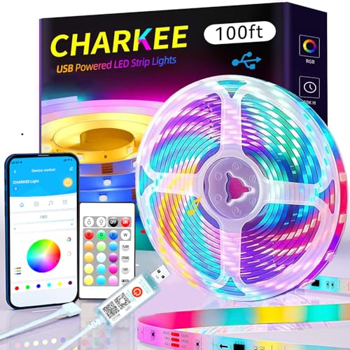 CHARKEE LED Lights 100ft USB-Powered, Music Sync RGB LED Strip Lights for Bedroom/TV Backlight/Gaming Lighting, Color Changing Bluetooth Led Lights IR Remote&App Control - size: 100ft USB-Powered