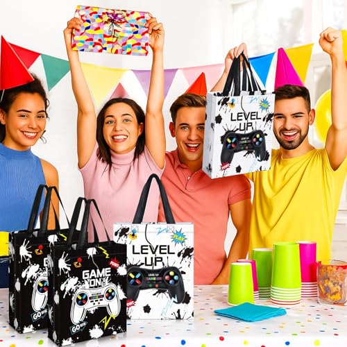 Sweetude 30 Pcs Video Game Gift Bag with Handle Game Party Supplies Reusable Gaming Neon Goody Bag, 2 Styles - style: Black, White