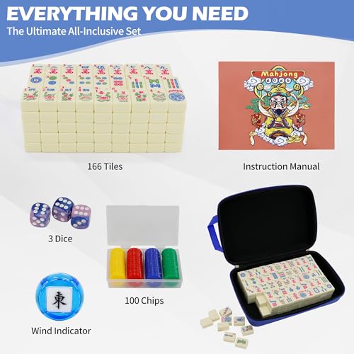 Jolitac American Mahjong Game Set, 166 Premium Tiles, Mahjong Tile Set with Sturdy Carrying Bag, Include Chips & Dice – Portable Travel Complete Mahjong Set for Adults & Beginners - color: Blue