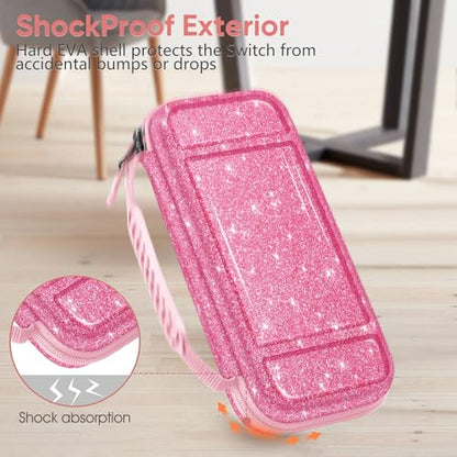 FINTIE Shockproof Carrying Case for Nintendo Switch Lite 2019 | Hard Shell Protective Cover, Portable Travel Storage Bag, Game Card / Micro SD Card Slots, Inner Pocket, Glittering Pink - color: Glittering Pink