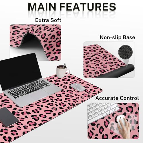 Arttown Keyboard Mouse Pad Set, 4 in 1 Desk Mat Set Leopard Pink | Black Animal Print Large Mousepad+Keyboard Wrist Rest+Mouse Wrist Rest+Coaster Ergonomic Design for Home Office Computer - color: Pink Black Leopard