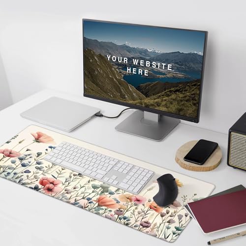 Mouse Pad, Watercolor Floral Design, XXL Gaming Desk Mat 35.4 x 15.7 Inches, Non-Slip Rubber Base, Pink and Blue - color: Floral