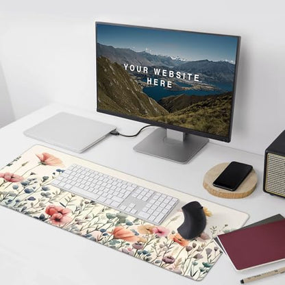 Mouse Pad, Watercolor Floral Design, XXL Gaming Desk Mat 35.4 x 15.7 Inches, Non-Slip Rubber Base, Pink and Blue - color: Floral