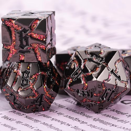 Cracked Rune Metal Dice Set for DND & RPG – Dark Fantasy Fractured Design, Premium Heavy Metal Polyhedral Dice with Deep Engraved Numbers, 7-Piece Set – Red Infernal Vein - color: Matte Black Red