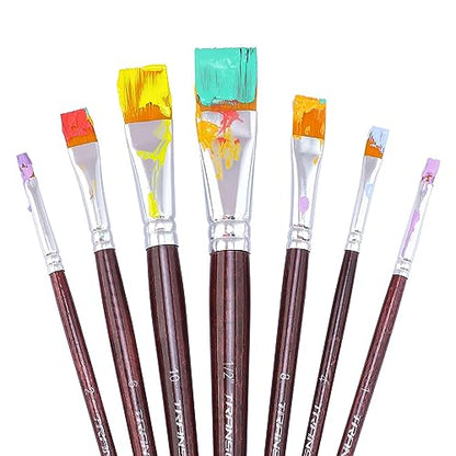 Transon Flat Paint Brush Set 7pcs for Acrylic Watercolor Gouache Oil and Body Painting - size: 7 PCS
