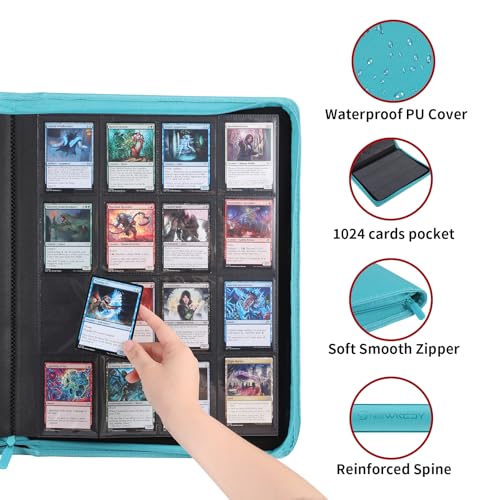 Snekdy premium 1024-pocket trading card binder, 16-pocket cards album, waterproof PU-leather Cover album with side loading, holds gaming, baseball, basketball & sports cards Turquoise - color: Turquoise