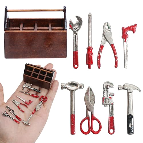 Miniature Tool Box Dollhouse 1/12 Scale Kit Set, 8Pcs Metal Working Tools with Mini Wood Toolbox, Doll Garage Accessories, Tiny Model for House Building, Garden Outdoor Repair, Rustic Farm Crafts