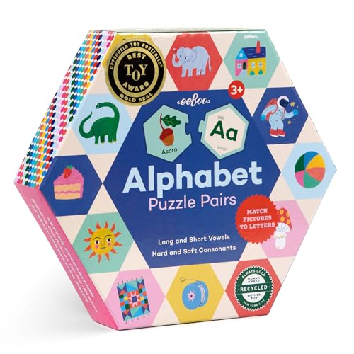 eeBoo Hexagon Puzzle Pairs - Alphabet, 33 Self-Correcting Pairs, Match Pictures to Letters, Pre-Reading Activity for Preschool Kids Ages 3 and up - style: Alphabet