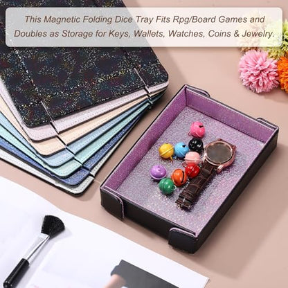uxcell PU Leather Dice Tray, Rectangle Magnetic Folding Velvet Portable Folding Dice Rolling Tray for Table Games Keys Wallet Watch Coin, Glitter Pink - color: Pink