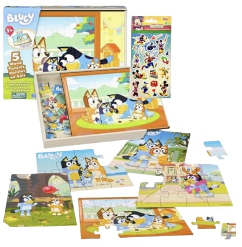 Bluey 5 Wood Puzzles with Storage Box, 72 Exclusive Mickey Mouse Clubhouse Stickers and Star Wars 300+ Stickers Bundle for Kids - Ages 3 and Up