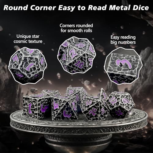 PJOY Metal Dice Set D&D for Dungeons and Dragons Dice with Case Meteorite Iron Purple 7PCS 16mm Role Playing Cool DND Gifts for Players DM Board Game Masters Wizards - color: Iron Purple