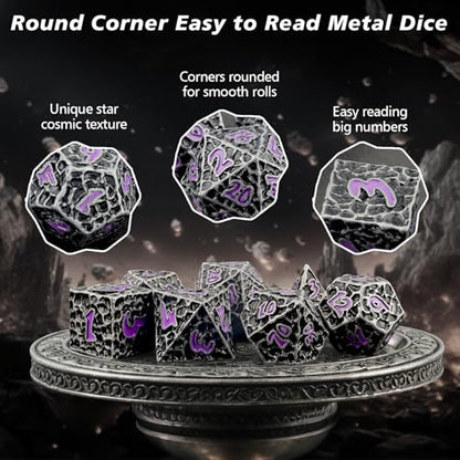 PJOY Metal Dice Set D&D for Dungeons and Dragons Dice with Case Meteorite Iron Purple 7PCS 16mm Role Playing Cool DND Gifts for Players DM Board Game Masters Wizards - color: Iron Purple