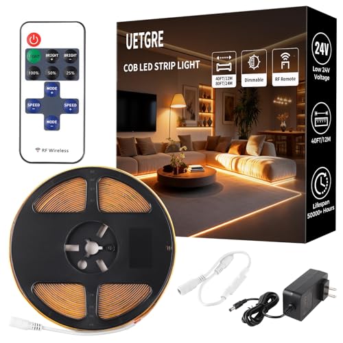 40Ft COB LED Strip Lights, Warm White 3000K Dimmable LED Light Strip with Remote, Seamless & No Strobe, Flexible & Cuttable, Complete Kit for Kitchen, Bedroom, Cabinet Lighting - color: 3000K