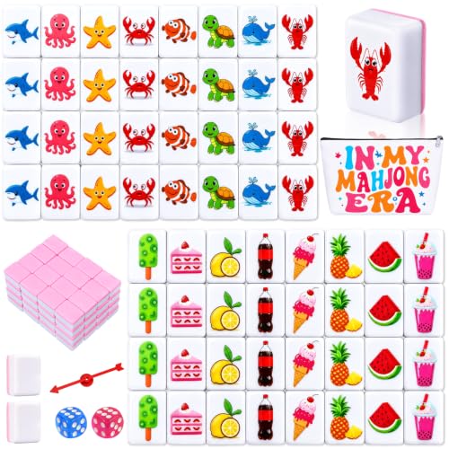 2 Player Mahjong Block Set, 66 Pink Tiles, 1.18 Inch Ocean and Food Theme Travel Mahjong Set with Storage Bag for Beach Trips, Summer Parties and Family Game Night Gifts