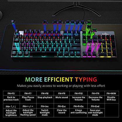 Mechanical Gaming Keyboard, Fantastic LED Rainbow Backlit Wired Keyboard, Full Anti-Ghosting Keys, with Quick-Response Blue Switches and Multimedia Control for PC and Desktop Computer