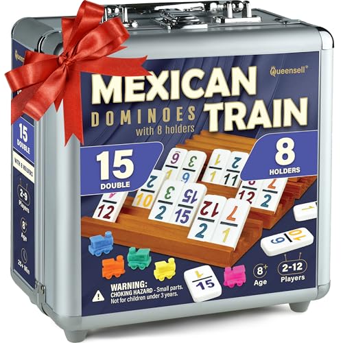 Queensell Mexican Train Dominoes Set Double 15 with Numbers - Dominoes Set for Adults and Family – 136 Tiles, 9 Trains, Wooden Hub, 8 Tile Holders, Aluminum Case (D15 Numbers + 8 Holders) - style: D15 Numbers + 8 Holders