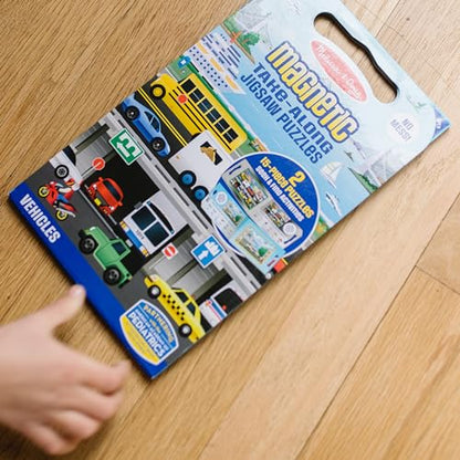 Melissa & Doug Take-Along Magnetic Jigsaw Puzzle Set – Vehicles (2 x 15 Piece) Travel Activity Toy for Preschoolers and Kids Ages 3+ - size: 8.5 x 7.25 x 0.3 inches, style: Vehicles