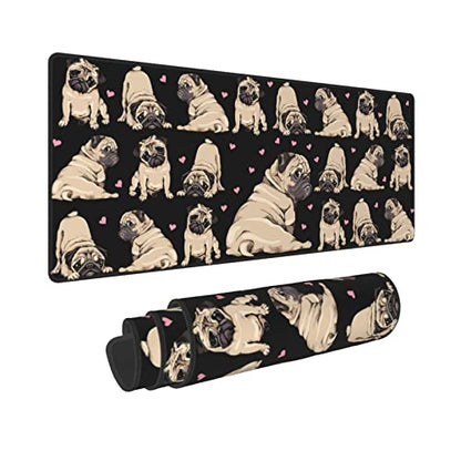 Pug Mouse Pad XL Extended Desk Mat, Computer Mousepad | Cute Black Cool Fuuny Dog Love Non Slip Rubber, Base Stitched Edge, Gaming Pc Large Mice Pad 31.5 x 11.8 Inch - color: Black22