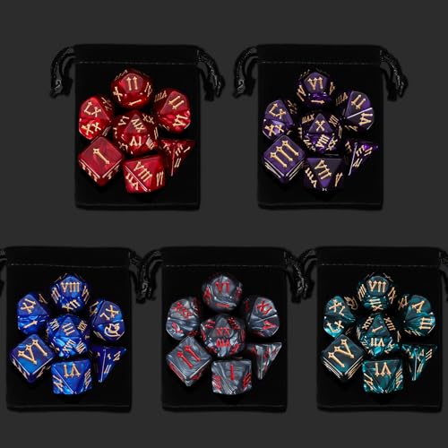 QMay 5 Sets Polyhedral Dice - 5 X 7 (35 Pieces) DND Dice with 5 Drawstring Bags, Roman Number Pattern D4 D6 D8 D10 D% D12 D20, Great for Dungeons and Dragons, RPG, MTG,Role Playing Table Games - color: 5 Sets-35pcs