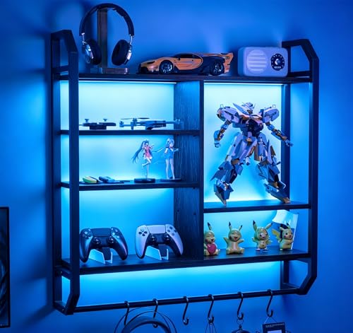 34" 6-Tier Adjustable Gaming Shelf, Wall Mount Floating Console Storage with LED Lights, Hanging Rod and 6 S-Hooks for PS5 Xbox Bedroom Display, Black
