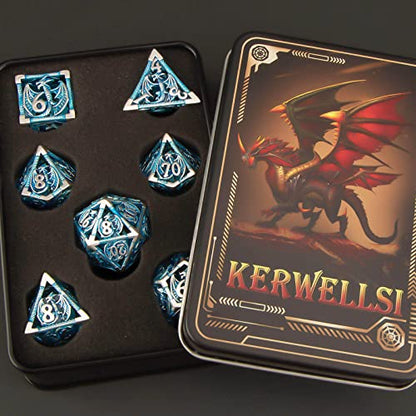 KERWELLSI Hollow DND Dice Set D&D with Gifts Box, 7pcs Polyhedral Metal D and D Dice for Role Playing Game, Dungeon Dragon Dice D20 D12 D10 D8 D6 D4 (Blue) - color: Blue
