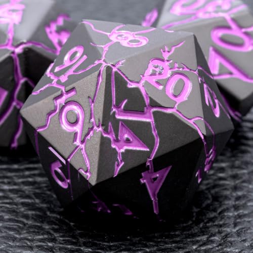 D&D Metal Dice Set with Gift Case, Polyhedral Dice for RPG with Cracks, Sharp Edge - color: Matt Black Purple