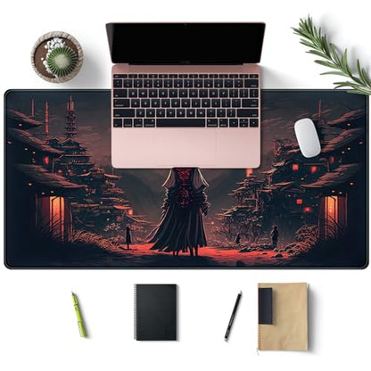 Japanese Landscape Desk Mat Post Moonlight Samurai Mouse Pad Large Dark Aesthetic Desk Pad Gaming Mousepad Extended XXL 31.5 x 15.7 in Laptop Computer Mouse Keyboard Mat - color: A Japan Samurai