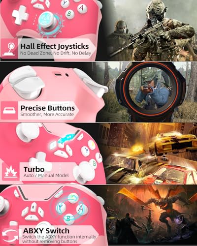 Hall Effect iPhone Controller with Phone Clip, Wireless Bluetooth Game Controller for Android/iPhone/Apple Arcade MFi Games/PC/Switch with Macro/Lock Joystick Speed/6-Axis/Motors/Turbo/ABXY FUN Switch - color: Pink