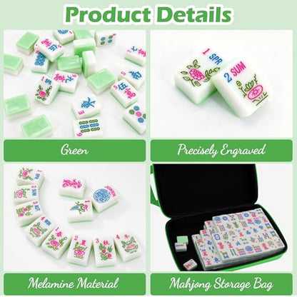 Jolitac American Mahjong Tile Set with 166 Tiles, 1.2-Inch Tiles & Accessories, Mahjong Gift Set with 3 Blue Dice and Mahjong Tile Bag, Portable Travel Game for Adults, Family Night, Gift (No Rack) - color: Green