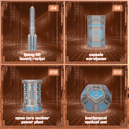 Unique Pioneer Dice Zinc Alloy Metal Dice Set 7pcs DND Dice Mars Planet Theme Polyhedral RPG Dice Set for Dungeons and Dragons Tabletop GamingRocket and UFO Design (Silver Titanium Blue) - color: Silver Titanium Blue