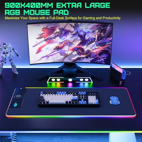 GIM Wireless Charging RGB Gaming Mouse Pad 15W, LED Mouse Mat 900x400x4MM, 10 Light Modes Extra Large Mousepad Non-Slip Rubber Base Computer Keyboard Mat for Gaming, MacBook, PC, Laptop, Desk
