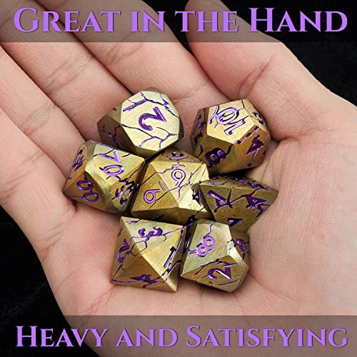 Metal Dice for DND - Ancient Cracked Pharaoh Ruins - Gold Purple Cracks | Beautiful 7pc Polyhedral Dice Set, Smooth Rolling, Role Playing Games (RPG), Compatible with D&D, for Dungeons and Dragons - color: Ancient Dark Gold Purple