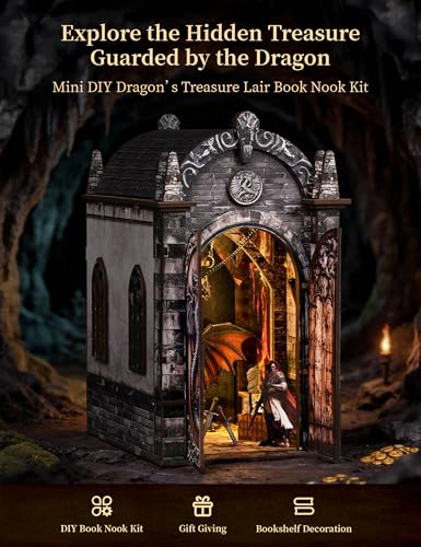 Book Nook Kit for Adults, Dragon Lair DIY Miniature House Kit, Dark Fantasy Tiny House with Knight & Treasure, 3D Puzzles for Adults, Castle Bookshelf Decor