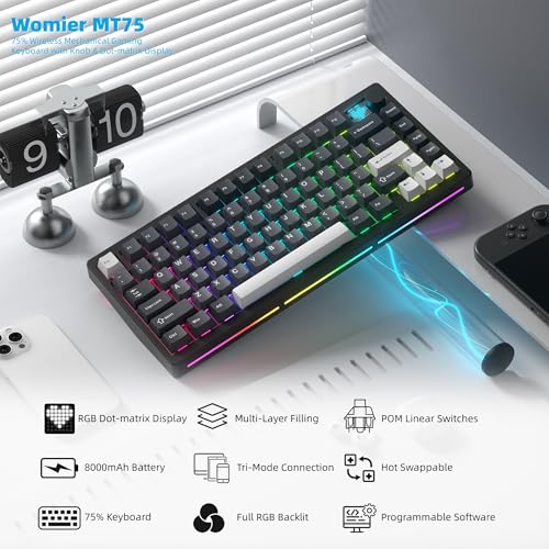 Womier 75% Wireless Mechanical Gaming Keyboard with Knob & Display | Bluetooth 5.0/2.4GHz/USB C Thocky Creamy Keyboard for PC Computer, 8000mAh Battery Hot Swap keyboard for Win/Mac (MT75-Grey) - color: Grey