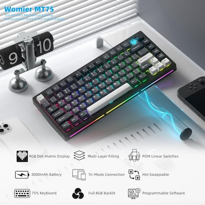 Womier 75% Wireless Mechanical Gaming Keyboard with Knob & Display | Bluetooth 5.0/2.4GHz/USB C Thocky Creamy Keyboard for PC Computer, 8000mAh Battery Hot Swap keyboard for Win/Mac (MT75-Grey) - color: Grey