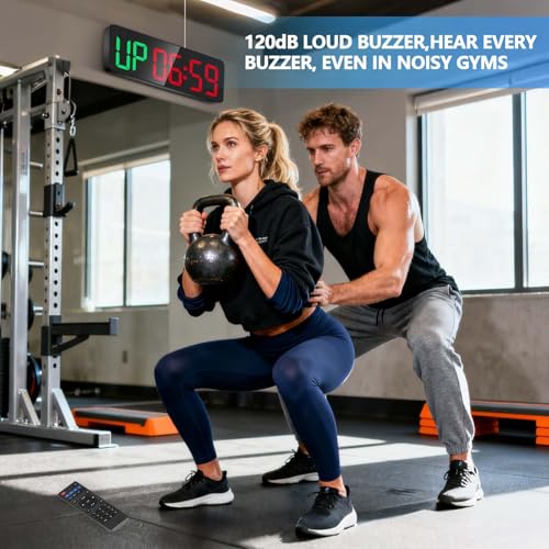 Gym Clock Timer for Tabata, FGB & EMOM, Large LED Workout Clock with Remote Control, 10 Custom Interval Modes, 120dB Buzzer, Fitness Digital Timer for Home Gym, HIIT, CrossFit, Boxing, Yoga, Garage | 12-inch LED display and bold oversized numbers