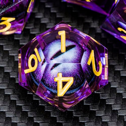 ARUOHHA DND Resin Dice Dragon Eye Dice Liquid Core Purple Sharp Edged Dice Set with Gift Box, Dungeons Polyhedral D and D Dice Set Compatible with D&D Role Playing Game D20 D12 D10 D8 D6 - color: Ly01-purple