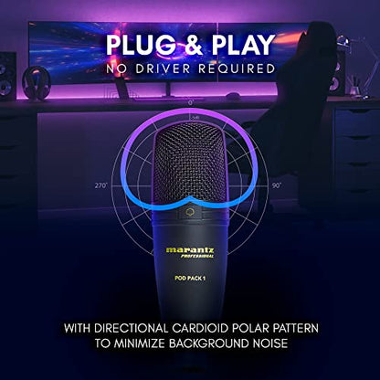 Marantz Professional Pod Pack 1 USB Condenser Microphone Kit for Gaming, Streaming and Podcasting with Built-In Audio Interface, Adjustable Boom Arm and Desk Clamp, Plug-and-Play - style: USB Mic w/ Boom Arm