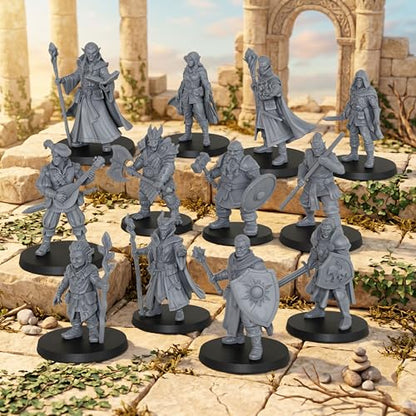 AUSPDICE 25mm DND Minis Figurine for Dungeon Masters & RPG Gift AS990 | Unpainted Ultimate 12 Pcs Heroic Adventurer Party -1:64 Scale Multi-Class TTRPG Human Miniatures Tabletop Gaming Miniatures