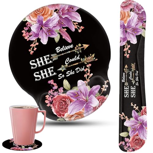 Keyboard Wrist Rest and Mouse Pad Wrist Support Set with Coaster,Non-Slip PU Base for Gaming and Office,Comfortable & Lightweight for Easy Typing & Pain Relief,Flower She Believed She Could So She Did - color: Flower She Believed She Could So She Did, siz