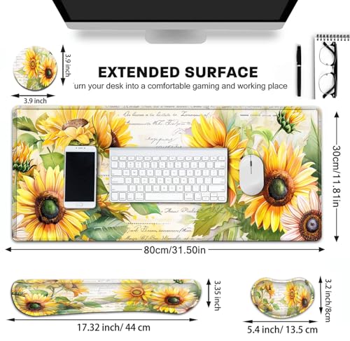 Large Gaming Mouse Pad+ Keyboard Wrist Rest Set, Ergonomics Memory Foam Mouse Mat Wrist Rest Support for Home Office, Waterproof Extended Mousepad 31.5x11.8in, Sunflower White Desk Pad - color: Yvb-mousepad-9-f-161