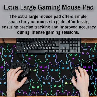 Big Mouse Pad Black Purple The Desk Pad Computer Mouse Pads Keyboard Pads Deskmat Waterproof Non-Slip Rubber Base 35.4" X 15.7" for Game Office, Cartoon Cat with Neon Lines Design - color: Cartoon Cat