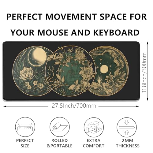 Celestial Moon Phases Art Nouveau Witch Aesthetic Green Dark Academia Mouse Pad,Non-Slip Waterproof Rubber Base Mouse Pad for Office,Computer,Keyboard,Laptop and Home Desk Pad(27.5X11.8 in) - color: Clestial Moon
