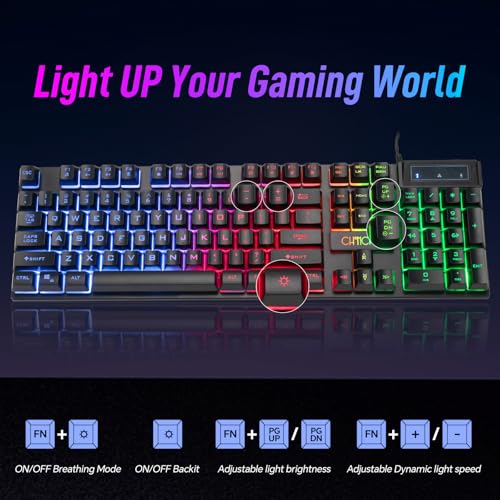 CHONCHOW Wired Gaming Keyboard, Light Up with Anti-Ghosting Keys | 104 Keys Full Size Ergonomic Design Cheap Keyboard LED Backlit for PC Mac Laptop Desktop, Gaming or Office