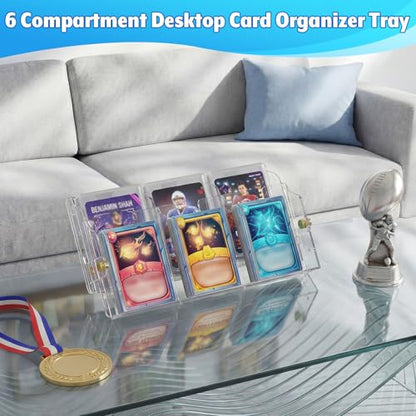 Acrylic Card Organizer Stand, 6 Compartments Card Sorting Tray Clear Cards Holder Organizer Desktop Tray Racks with Anti Slip Pad for Game, Trading, Baseball, Sports Cards