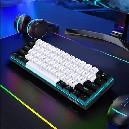Snpurdiri 60% Wired Mechanical Gaming Keyboard (Black-White, Blue Switches) | Ice Blue LED Backlit 61 Keys Mini Wired Office Keyboard for Windows Laptop PC Mac - color: Black White(Ice Blue Light)/Blue Switch