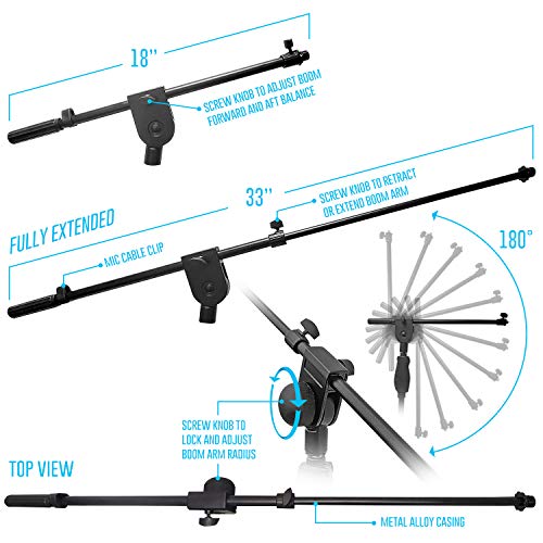 AxcessAbles MS-201RB One Hand Microphone Stand with Weighted Heavy Round Base and Quick Grip Height Adjustment - Telescoping Mic Boom Arm Included. Tall Microphone Stand for Singing 2-Pack