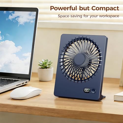 Zuvas Desk Fan Small Rechargeable Battery Table Fans for travel Ultra Quiet | 180° Tilt Folding, LED Dislay, Portable Fan Slim Design, 3 Speed Adjustable, for Office Bedroom Desktop, Cruise Essentials - color: Navy Blue